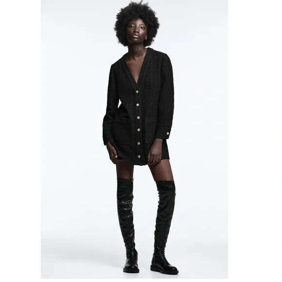 ZARA BLACK TEXTURED WEAVE TWEED DRESS - Picture 2 of 6